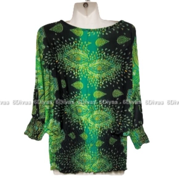 Comfy Paisley Blouse Green and Black Dolman Sleeves Blouse Top - Picture 3 of 5